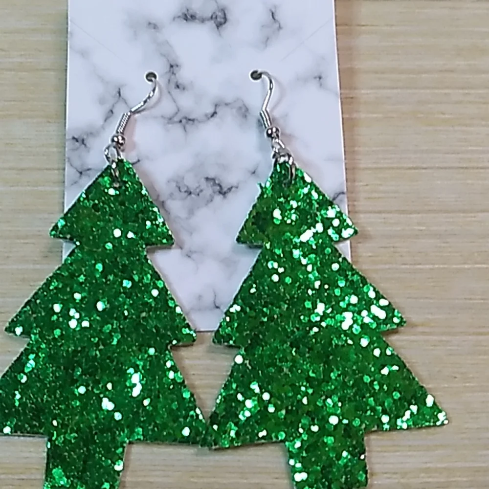 1.5 x 3 inches punched fake leather Holiday Tree Green Glitter